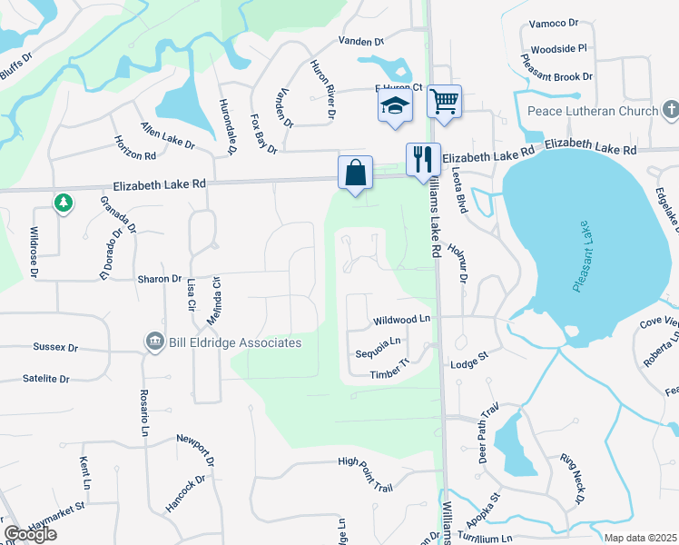 map of restaurants, bars, coffee shops, grocery stores, and more near 186 Summit View Court in White Lake charter Township