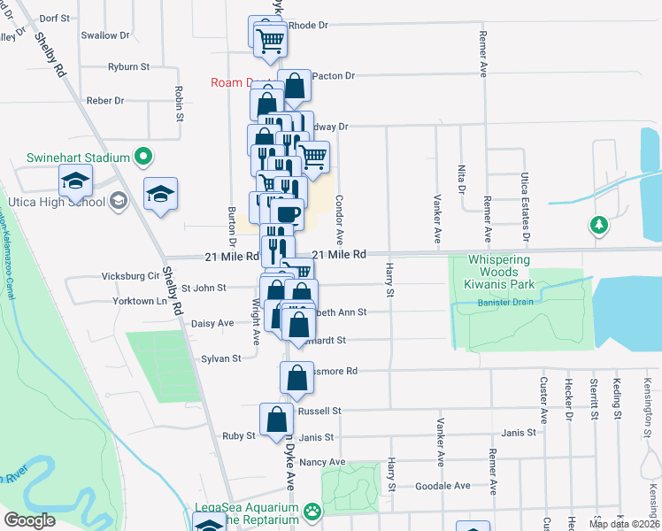 map of restaurants, bars, coffee shops, grocery stores, and more near 8152 21 Mile Road in Macomb County