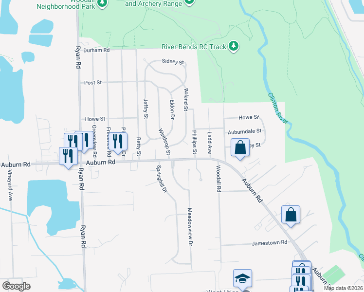 map of restaurants, bars, coffee shops, grocery stores, and more near 47147 Roland Street in Macomb County