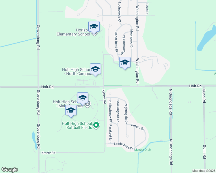 map of restaurants, bars, coffee shops, grocery stores, and more near 5780 West Holt Road in Delhi charter Township