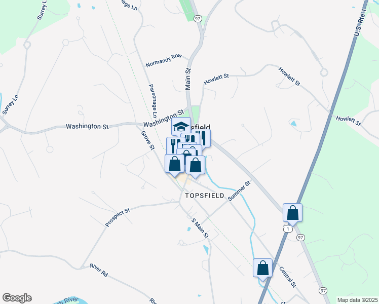map of restaurants, bars, coffee shops, grocery stores, and more near 60 Main Street in Topsfield