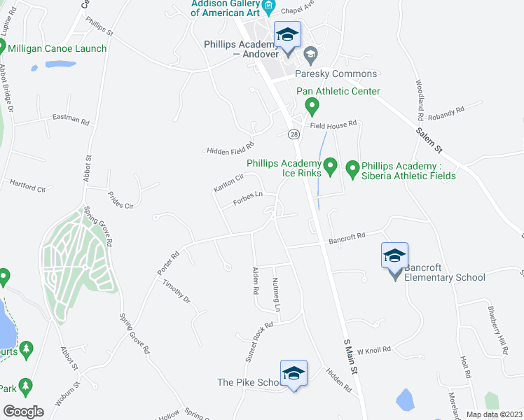 map of restaurants, bars, coffee shops, grocery stores, and more near 8 Forbes Lane in Andover