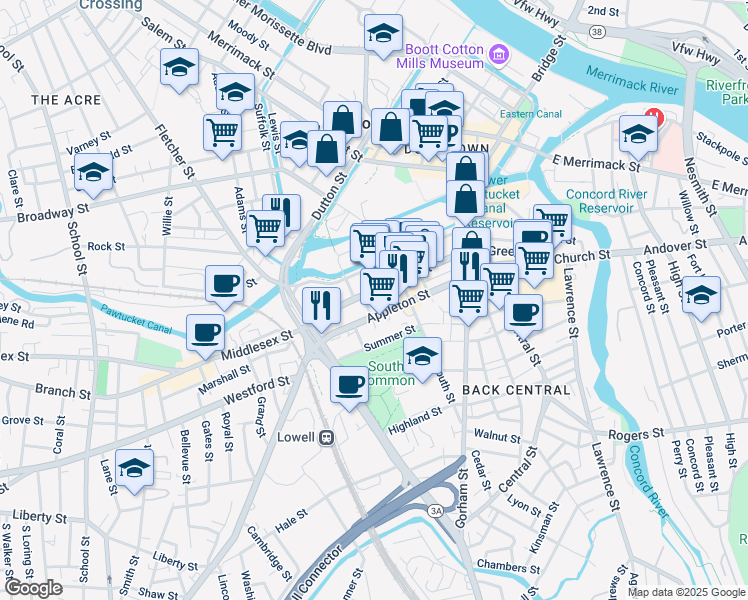 map of restaurants, bars, coffee shops, grocery stores, and more near 254 Middlesex Street in Lowell
