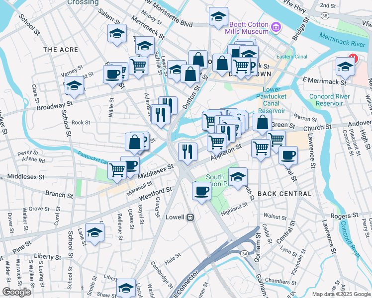 map of restaurants, bars, coffee shops, grocery stores, and more near 330 Jackson Street in Lowell