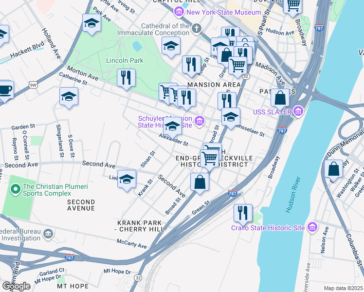 map of restaurants, bars, coffee shops, grocery stores, and more near 56 Alexander Street in Albany