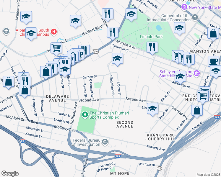map of restaurants, bars, coffee shops, grocery stores, and more near 31 Slingerland Street in Albany