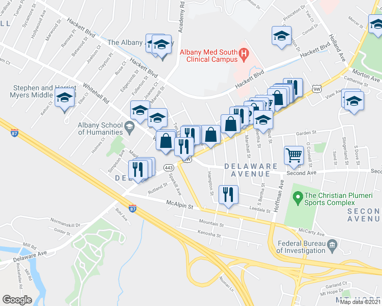 map of restaurants, bars, coffee shops, grocery stores, and more near 4 Ten Eyck Avenue in Albany