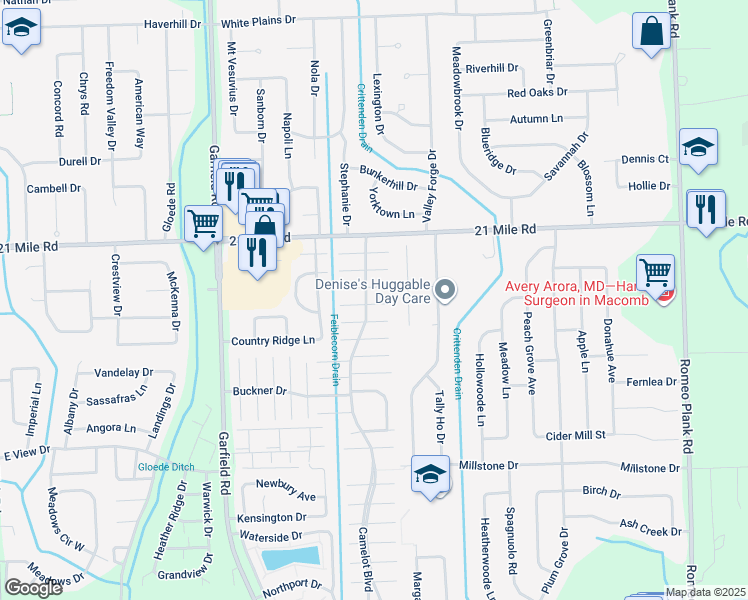 map of restaurants, bars, coffee shops, grocery stores, and more near 17029 Brunswick Drive in Macomb