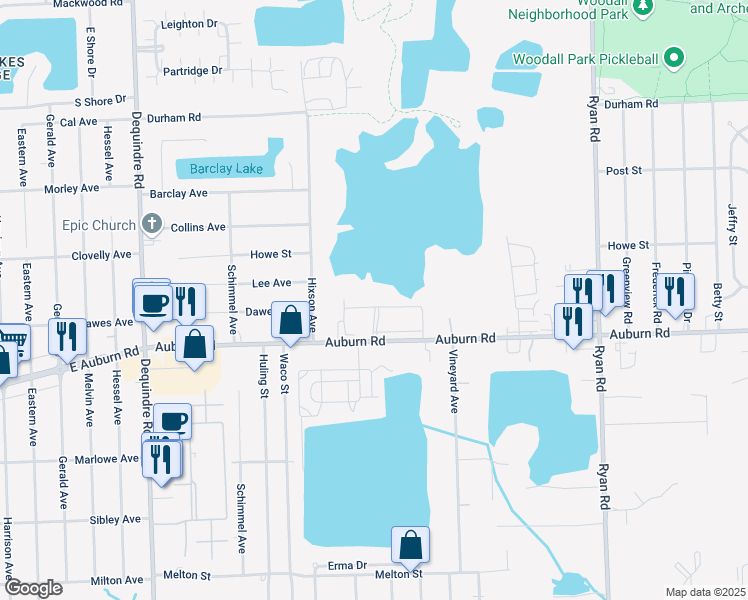 map of restaurants, bars, coffee shops, grocery stores, and more near 2909 Auburn Road in Macomb County