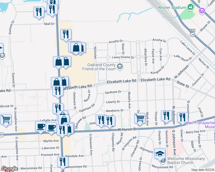 map of restaurants, bars, coffee shops, grocery stores, and more near 257 Elizabeth Lake Road in Pontiac