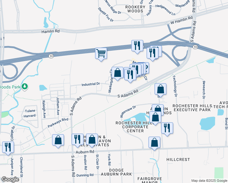 map of restaurants, bars, coffee shops, grocery stores, and more near 2744 South Adams Road in Rochester Hills