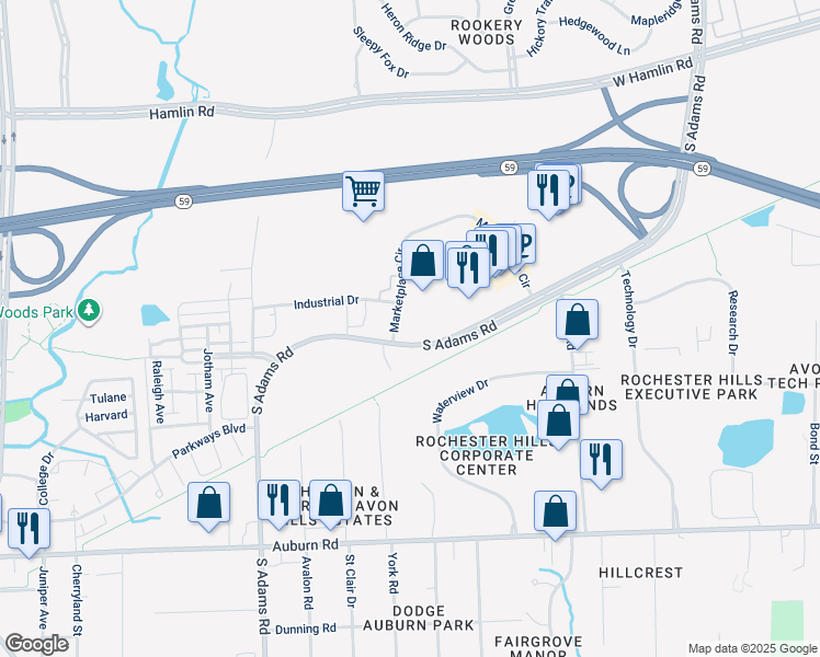 map of restaurants, bars, coffee shops, grocery stores, and more near 2744 South Adams Road in Rochester Hills