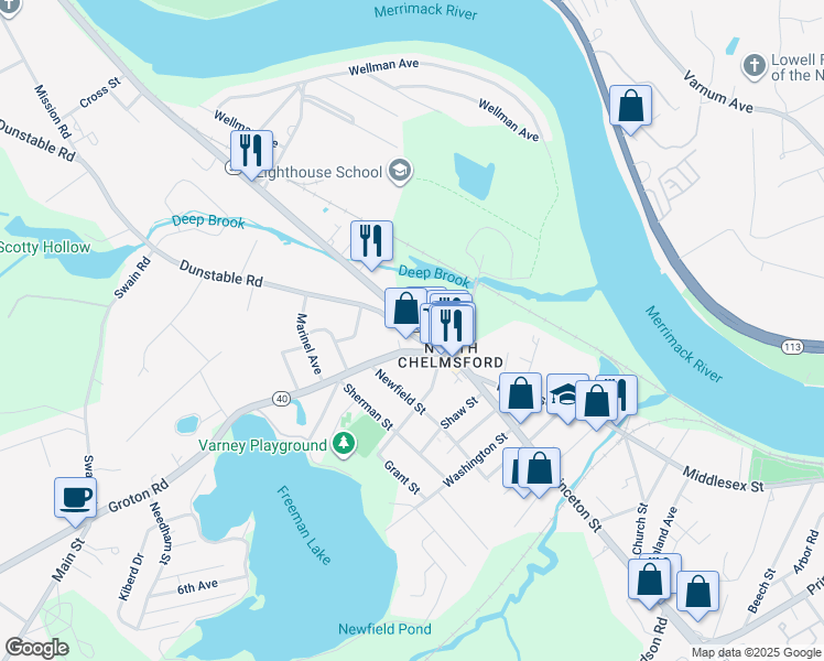 map of restaurants, bars, coffee shops, grocery stores, and more near 23E Dunstable Road in Chelmsford