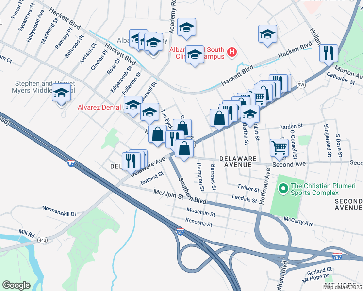 map of restaurants, bars, coffee shops, grocery stores, and more near 469 Delaware Avenue in Albany