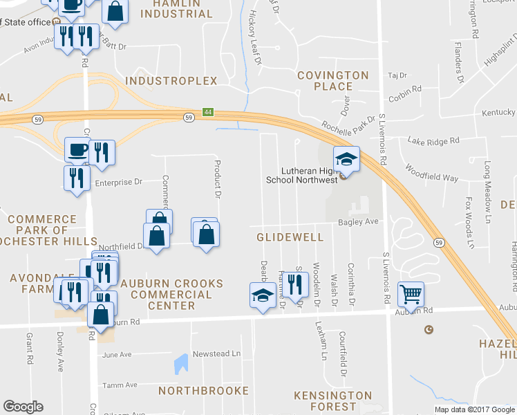 map of restaurants, bars, coffee shops, grocery stores, and more near 2736 Dearborn Avenue in Rochester Hills