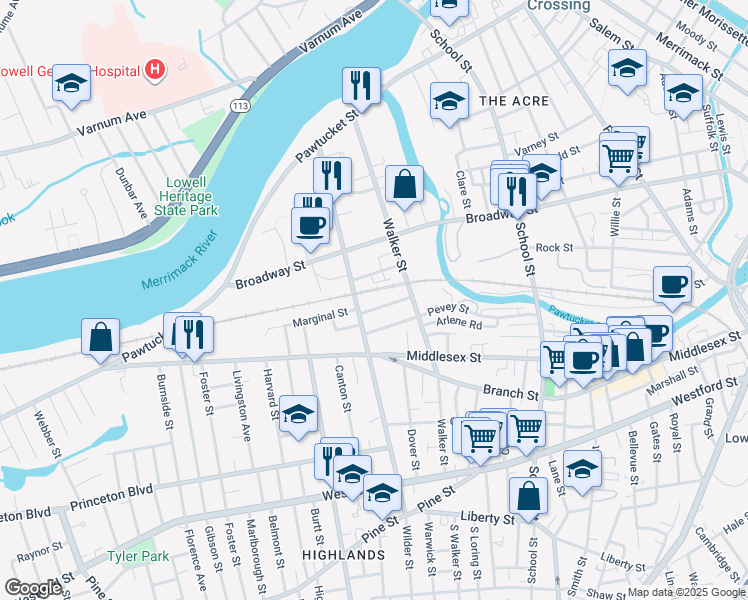 map of restaurants, bars, coffee shops, grocery stores, and more near 45 West Adams Street in Lowell