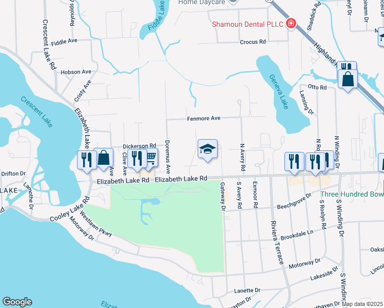 map of restaurants, bars, coffee shops, grocery stores, and more near 4400 Elizabeth Lake Road in Waterford Township