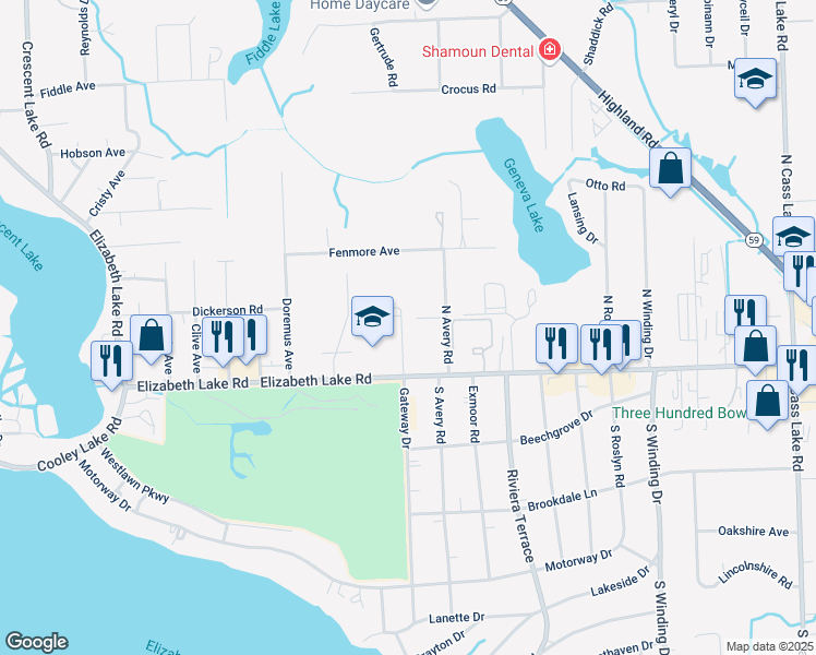 map of restaurants, bars, coffee shops, grocery stores, and more near 131 North Avery Road in Waterford Township