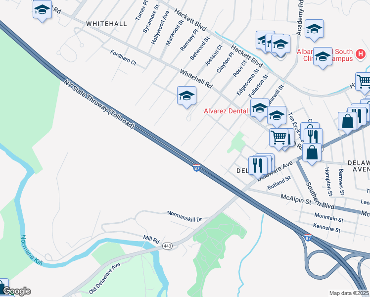 map of restaurants, bars, coffee shops, grocery stores, and more near 105 Rose Court in Albany