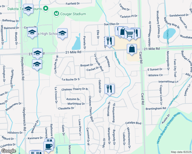 map of restaurants, bars, coffee shops, grocery stores, and more near 21341 Michelle Drive in Macomb