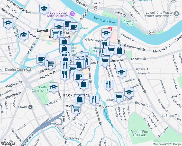 map of restaurants, bars, coffee shops, grocery stores, and more near 92 Lawrence Street in Lowell