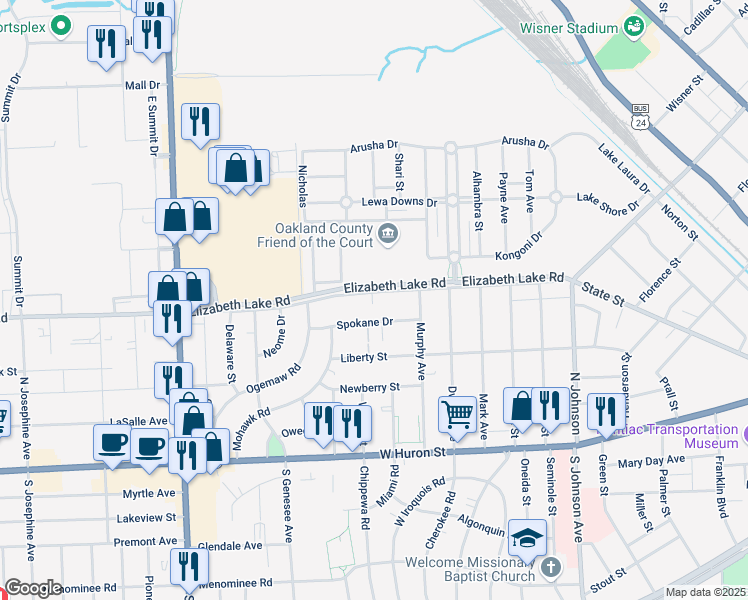 map of restaurants, bars, coffee shops, grocery stores, and more near 225 Elizabeth Lake Road in Pontiac