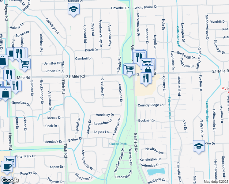 map of restaurants, bars, coffee shops, grocery stores, and more near 16412 Sudbury Court in Macomb