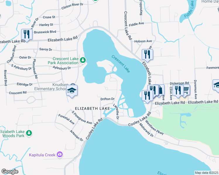 map of restaurants, bars, coffee shops, grocery stores, and more near 5140 Oakcliff Drive in Waterford Township
