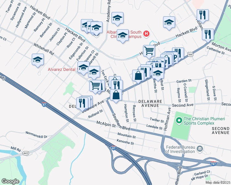 map of restaurants, bars, coffee shops, grocery stores, and more near 467 Delaware Avenue in Albany