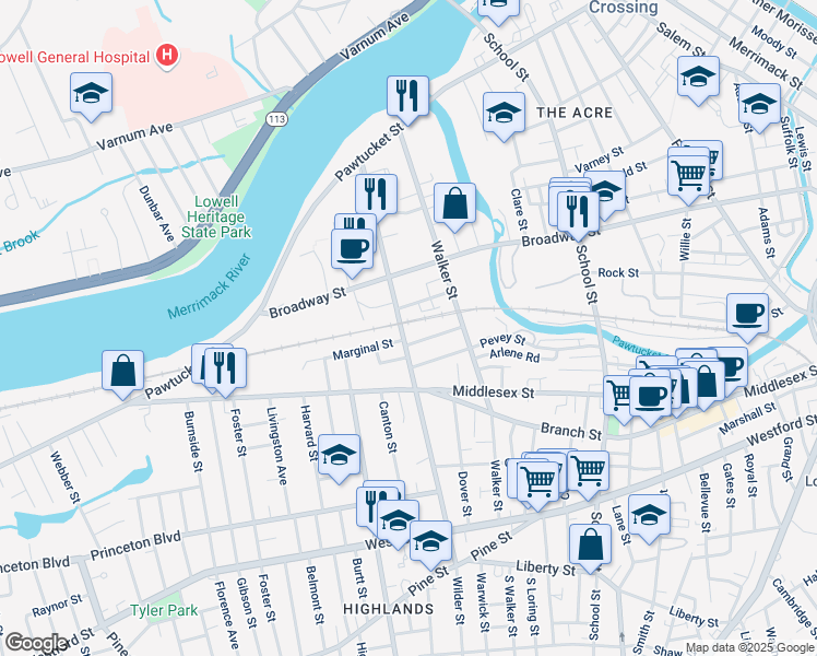map of restaurants, bars, coffee shops, grocery stores, and more near 180 Wilder Street in Lowell