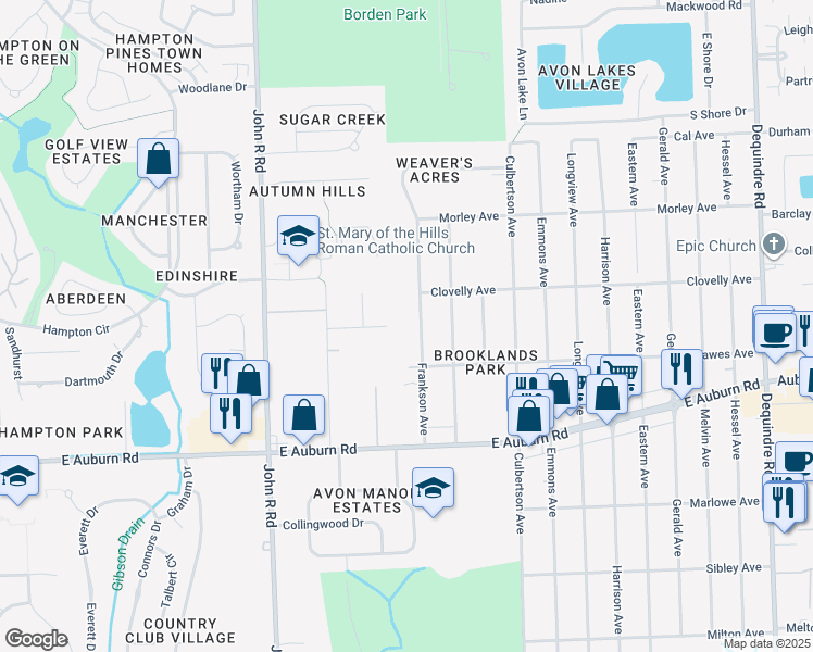 map of restaurants, bars, coffee shops, grocery stores, and more near 2722 Frankson Avenue in Rochester Hills