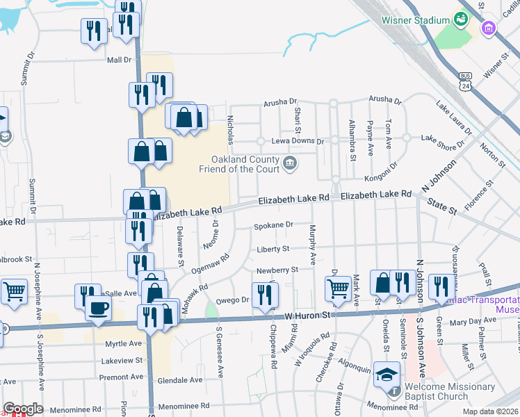 map of restaurants, bars, coffee shops, grocery stores, and more near 257 Elizabeth Lake Road in Pontiac