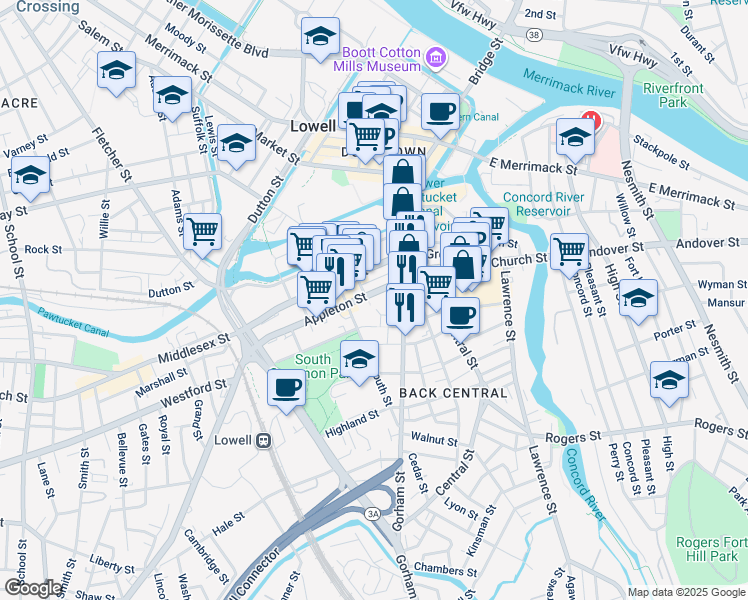 map of restaurants, bars, coffee shops, grocery stores, and more near 112 Appleton Street in Lowell