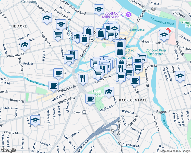 map of restaurants, bars, coffee shops, grocery stores, and more near 254 Middlesex Street in Lowell