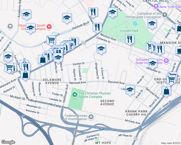 map of restaurants, bars, coffee shops, grocery stores, and more near 30 Sand Street in Albany