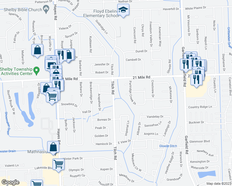 map of restaurants, bars, coffee shops, grocery stores, and more near 46800 Tilch Road in Macomb