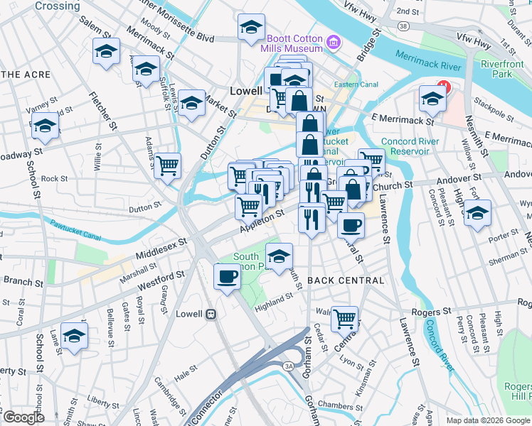 map of restaurants, bars, coffee shops, grocery stores, and more near 183 Appleton Street in Lowell