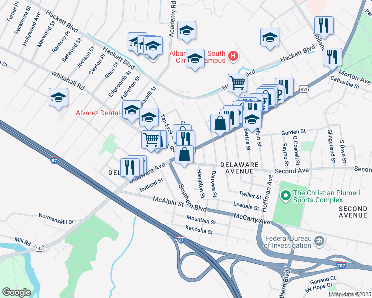 map of restaurants, bars, coffee shops, grocery stores, and more near 461 Delaware Avenue in Albany