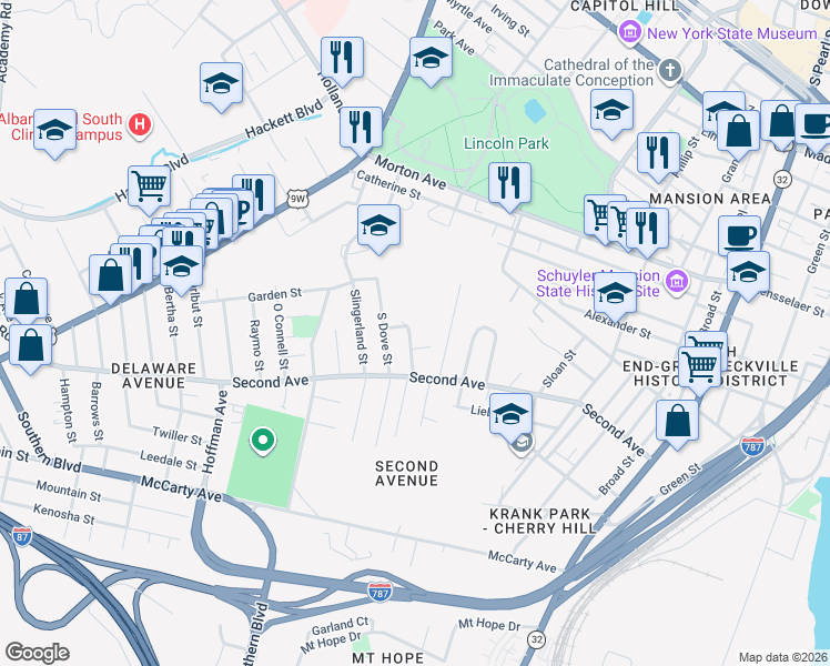 map of restaurants, bars, coffee shops, grocery stores, and more near 20 Moore Street in Albany