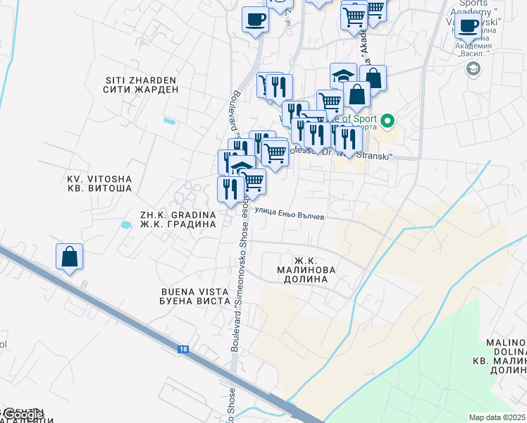map of restaurants, bars, coffee shops, grocery stores, and more near 110Б bulevard "Simeonovsko Shose" in Sofia