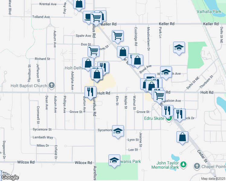 map of restaurants, bars, coffee shops, grocery stores, and more near 4434 Holt Road in Delhi charter Township
