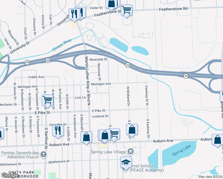 map of restaurants, bars, coffee shops, grocery stores, and more near 76 North Astor Street in Pontiac