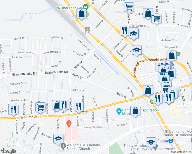 map of restaurants, bars, coffee shops, grocery stores, and more near 22 Steinbaugh Court in Pontiac