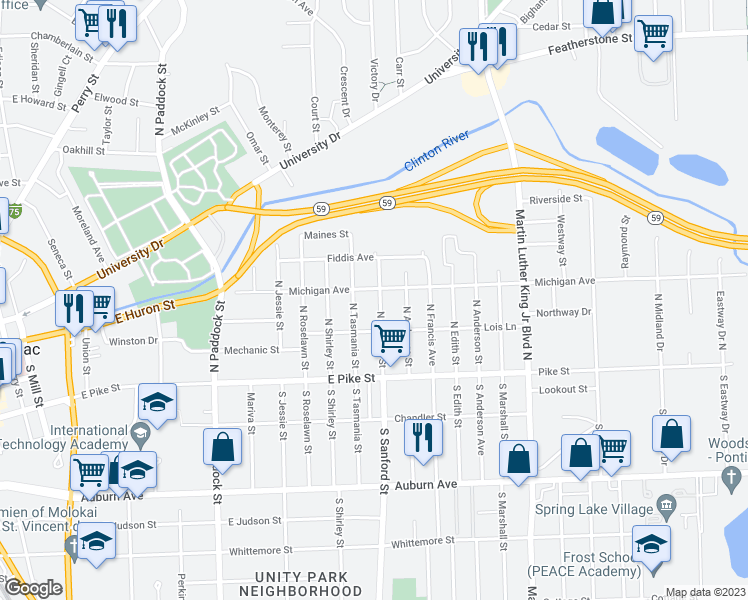 map of restaurants, bars, coffee shops, grocery stores, and more near 89 North Sanford Street in Pontiac