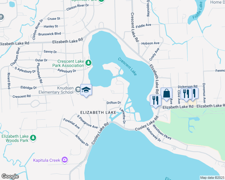 map of restaurants, bars, coffee shops, grocery stores, and more near 5140 Oakcliff Drive in Waterford Township