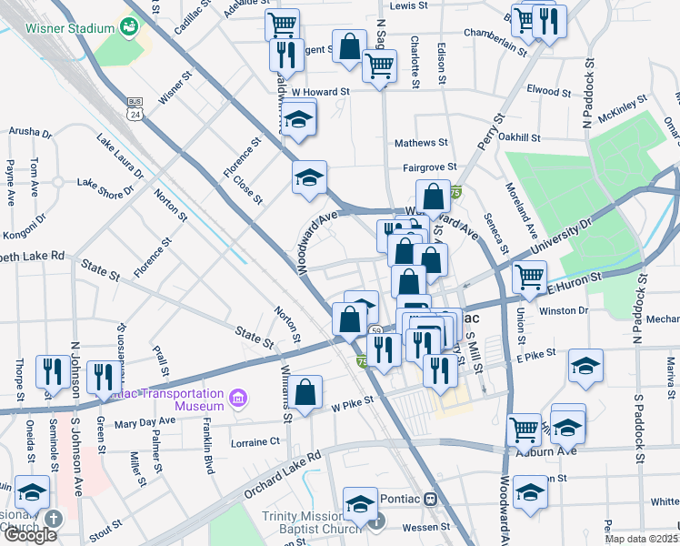 map of restaurants, bars, coffee shops, grocery stores, and more near 26 Feneley Court in Pontiac