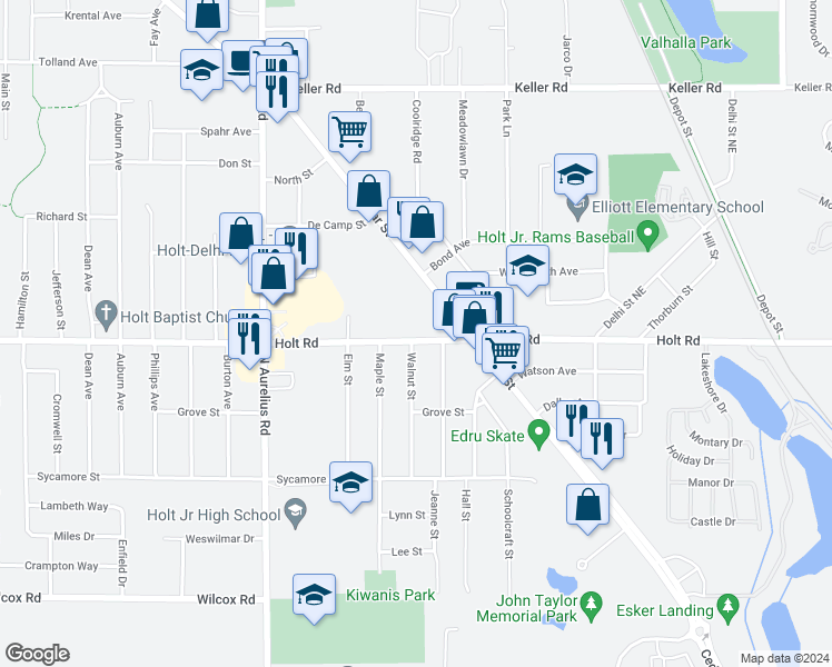 map of restaurants, bars, coffee shops, grocery stores, and more near 4354 Holt Road in Delhi charter Township
