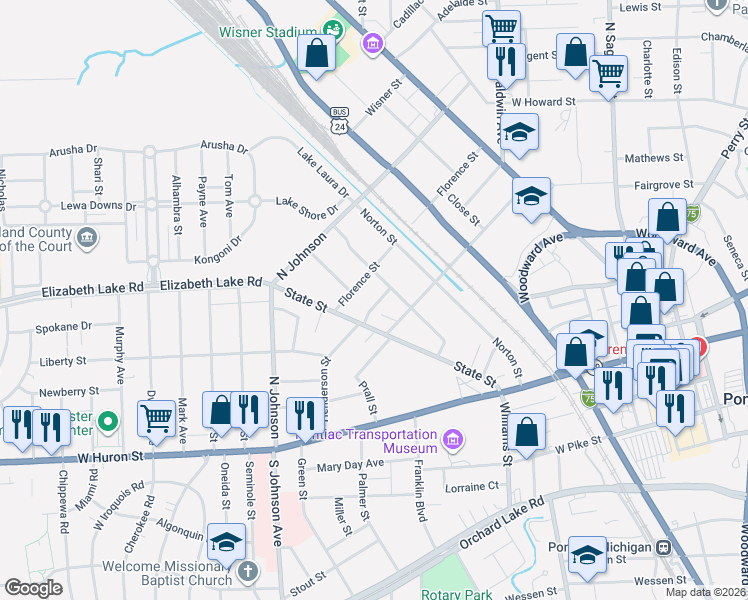 map of restaurants, bars, coffee shops, grocery stores, and more near 22 Steinbaugh Court in Pontiac