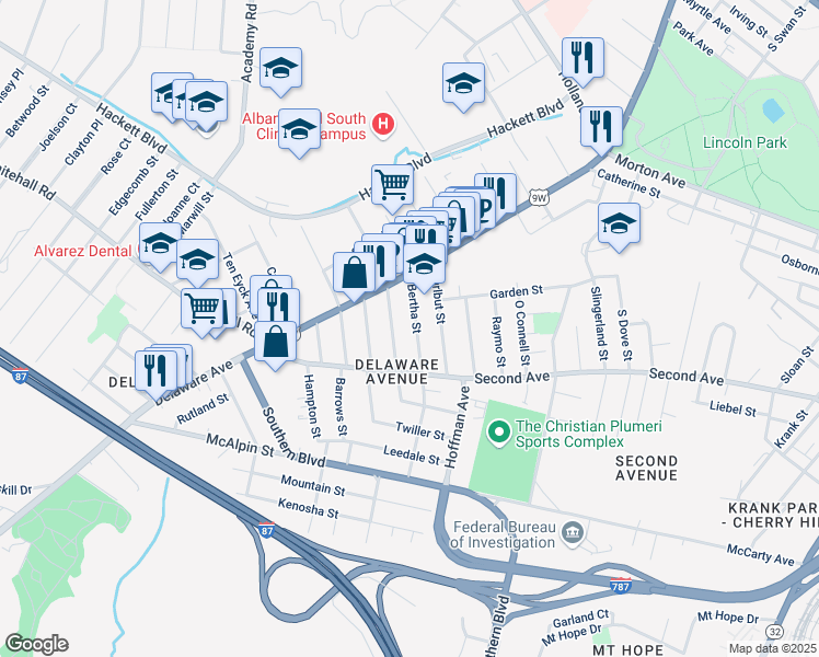 map of restaurants, bars, coffee shops, grocery stores, and more near 28 Bertha Street in Albany
