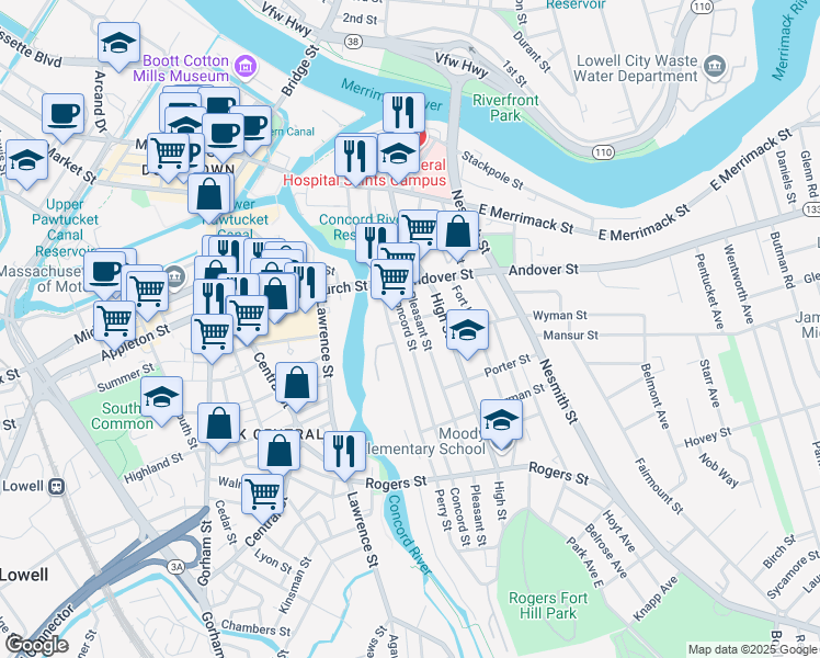 map of restaurants, bars, coffee shops, grocery stores, and more near 106 Concord Street in Lowell